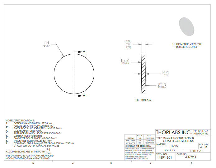 Thorlabs索雷博 LB1779-B 双凸透镜