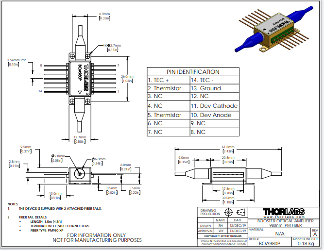 Thorlabs索雷博 BOA980P - 助推光学放大器